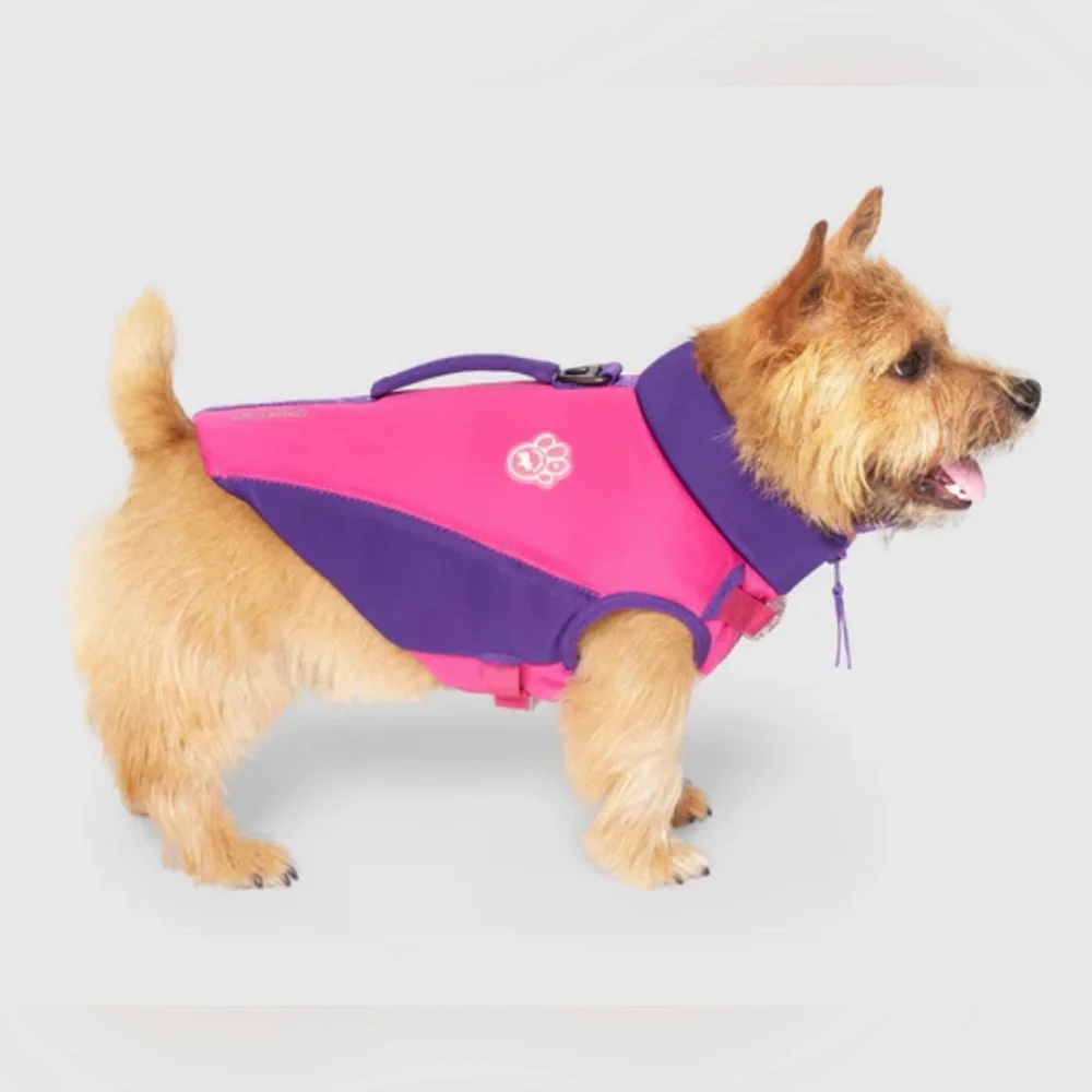 New High Tide life jacket by Canada Pooch for swimming. Pink and Purple. Size 18